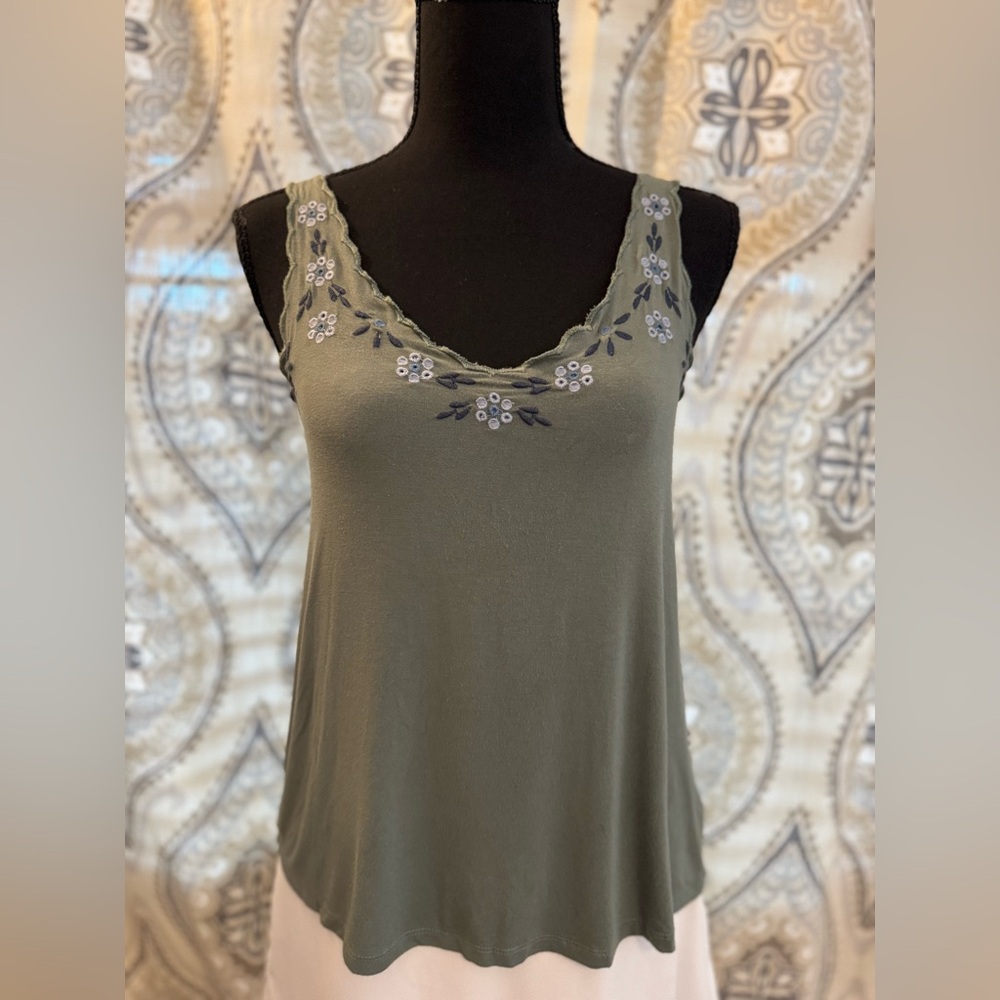 American Eagle Outfitters Olive Tank Top with Floral Embroidery